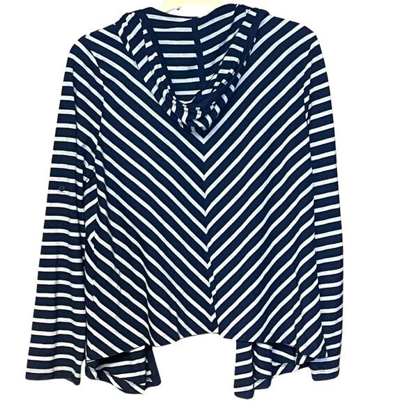 Sonoma striped hooded cardigan blue cream casual comfy roll up sleeve button L - Picture 2 of 4